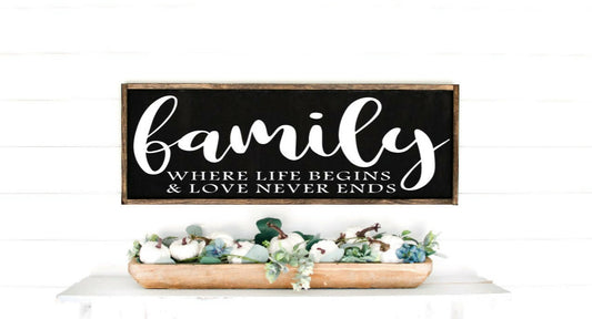 Family Where Life Begins and Love Never Ends Sign 36x12