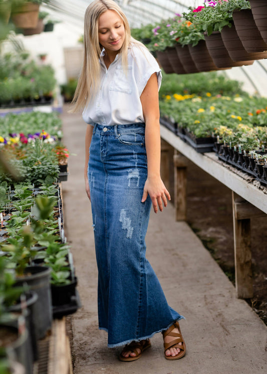 Elisha Distressed Long Denim Skirt